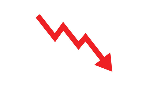 Red downward arrow illustration showing negative trend and decreasing progress. Concept of financial loss, business failure, market decline, revenue reduction and risk analysis.