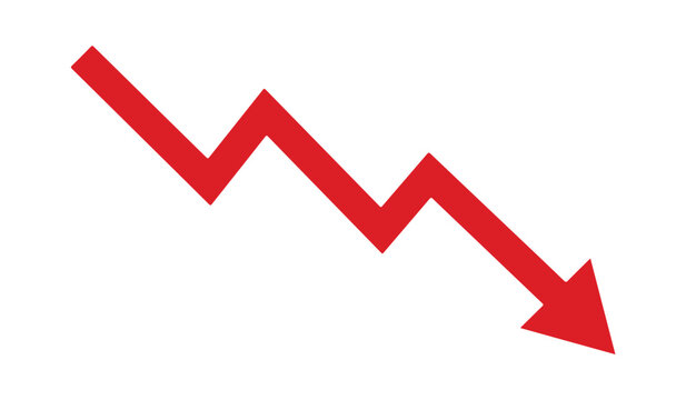 Red downward arrow illustration showing negative trend and decreasing progress. Concept of financial loss, business failure, market decline, revenue reduction and risk analysis.