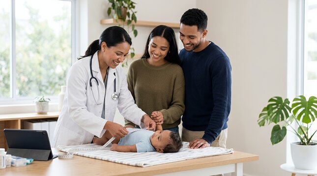 Friendly female pediatrician examining a newborn baby during a routine checkup with parents present.