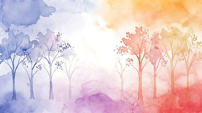 Abstract watercolor trees in soft pastel sunset sky background