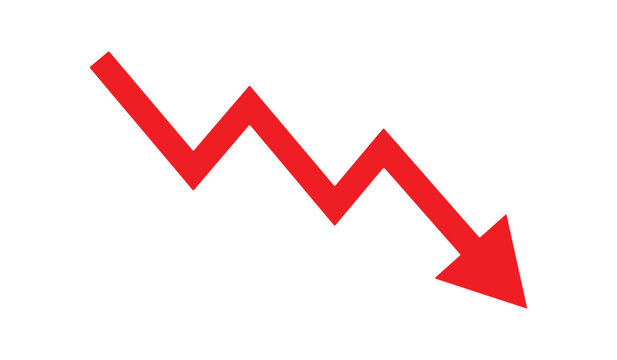 Red downward arrow illustration showing negative trend and decreasing progress. Concept of financial loss, business failure, market decline, revenue reduction and risk analysis.