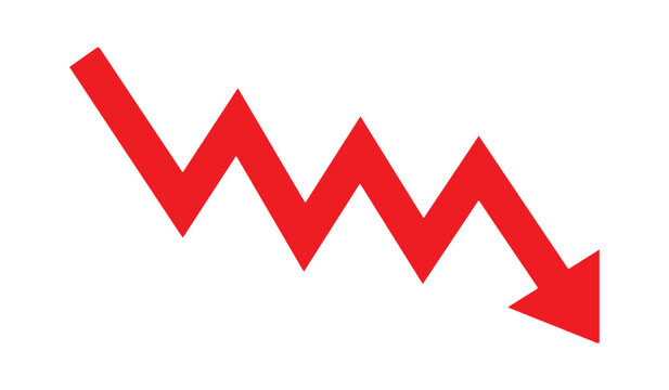 Red downward arrow illustration showing negative trend and decreasing progress. Concept of financial loss, business failure, market decline, revenue reduction and risk analysis.