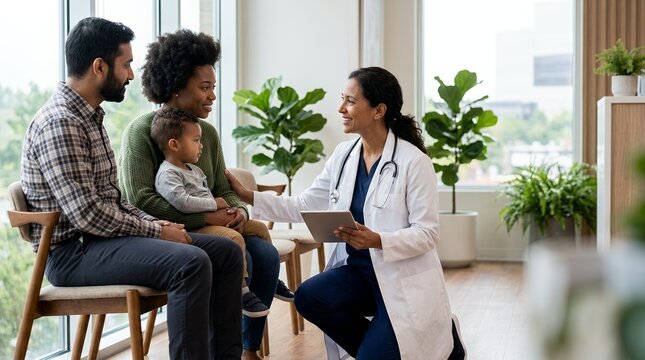 A friendly female doctor consulting with a young family in a modern medical clinic office.