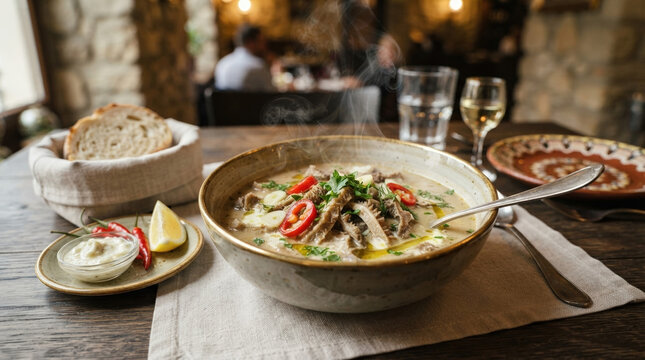 Traditional Romanian tripe soup Ciorba de Burta in a ceramic bowl. Steaming hot creamy soup with garlic and chili on a rustic restaurant table