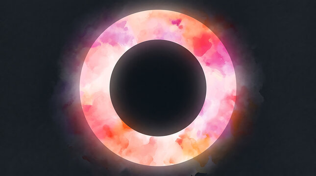 Black hole surrounded by glowing cosmic gases in space with swirling pink and purple hues
