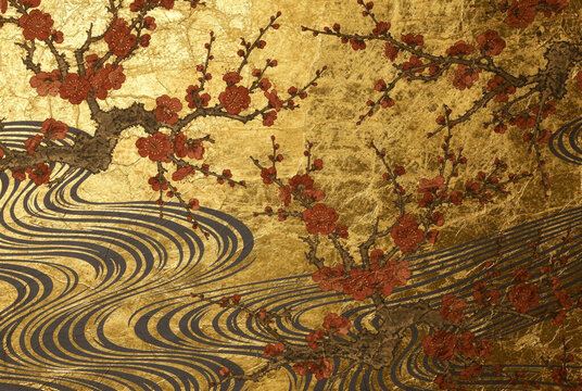 Traditional Japanese Gold Plum Blossom and Wave Pattern