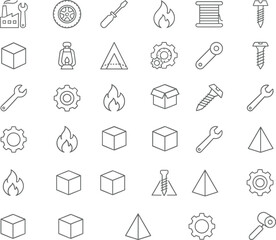 Fototapeta premium Industrial hardware and mechanical tools line art icon set featuring wrenches gears screws cubes and workshop equipment vector illustration
