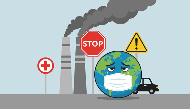 Sad Earth globe wearing a protective medical face mask and crying next to smoking factory chimneys, cars, and warning signs.