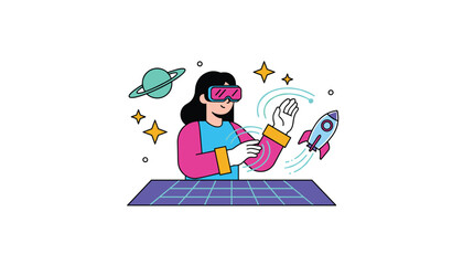 Obraz premium Young woman wearing a virtual reality headset explores interactive space elements like a rocket and a planet.