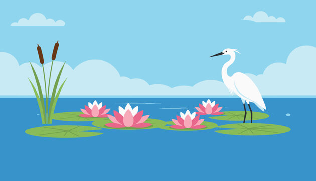 Elegant white egret stands gracefully on a lily pad in a quiet pond surrounded by beautiful pink lotus flowers.