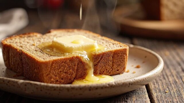Hot slice of toasted bread with melting butter on wooden table. Delicious breakfast food preparation sequence showing piece of warm toast with butter dripping down.