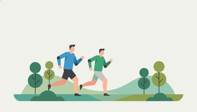 Two active men jog together along a pathway in a peaceful green park with minimalist trees and rolling hills.