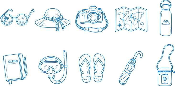 Travel accessories set with sunglasses, hat, camera, map, bottle, journal, snorkel, flip flops, umbrella, bag.