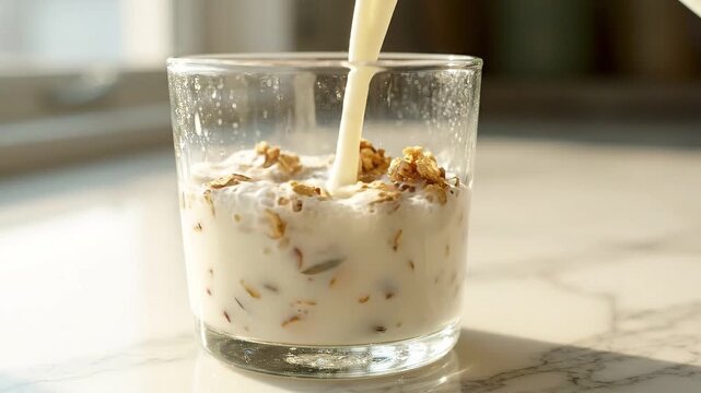 Milk pouring into a glass with crunchy granola for breakfast. Healthy cereal morning snack being prepared. Liquid splashing over toasted oats in culinary concept.