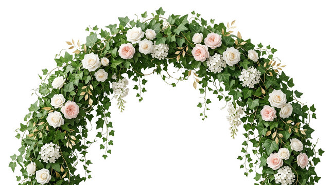Elegant floral wedding arch with pink roses and green ivy, romantic flower arbor for ceremony decoration, botanical garden frame with lush foliage isolated PNG with Transparent Background