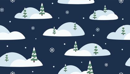 Naklejka premium Winter seamless pattern with snowy hills, green pine trees, and falling snowflakes on dark blue night background.