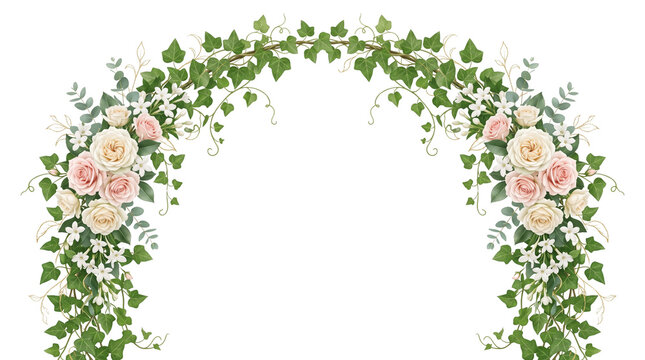Elegant floral arch with pink roses and green ivy, romantic wedding flower border, botanical garden archway for invitation design isolated PNG with Transparent Background