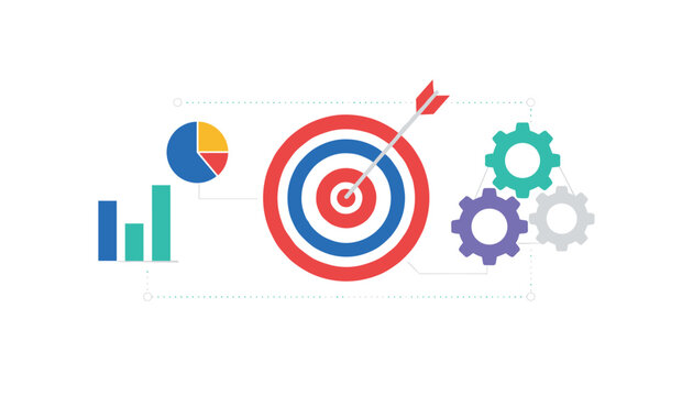 Business goal achievement concept with arrow in center of target bullseye flanked by charts and colorful gears.