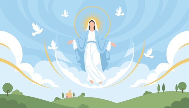 Assumption of Virgin Mary ascending to heaven surrounded by white doves and clouds above green hills with church.