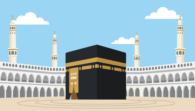 Holy mosque of Kaaba in Mecca under a clear blue sky surrounded by beautiful white minarets and traditional arches.