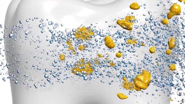 Microscopic view of yellow plaque being removed from a white tooth by active cleaning micro bubbles