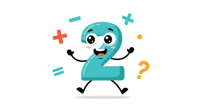 Playful number two character with a happy face and dancing arms is surrounded by mathematical symbols like plus, minus, and equals signs.