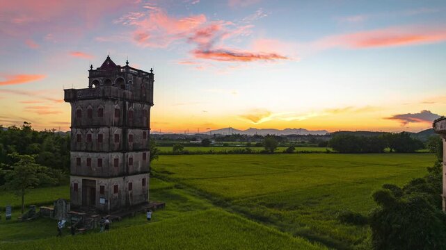 Aerial view of the sunset over the Diaolou (watchtowers) cluster in Zili Village, Kaiping, Guangdong.