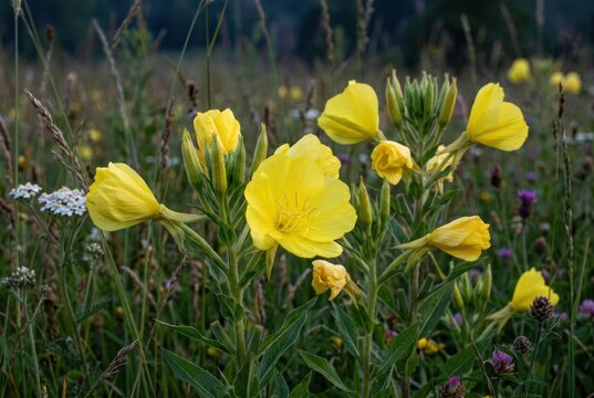 Yellow evening primrose flowers blooming in summer meadow
