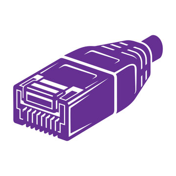 A purple of an rj45 ethernet network cable connector plug, isolated on a clean white background, for tech concepts