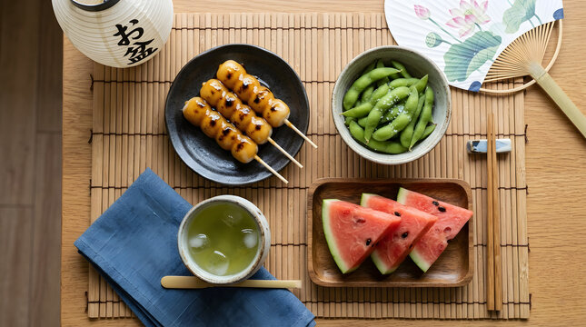 Traditional japanese summer food spread including dango skewers edamame and watermelon with japanese watermelon traditional chopsticks gastronomy delicious