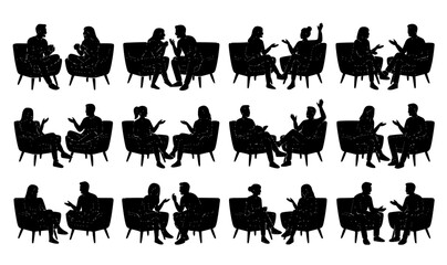 Obraz premium Casual conversation silhouettes vector collection with men and women sitting in lounge armchairs talking friendly