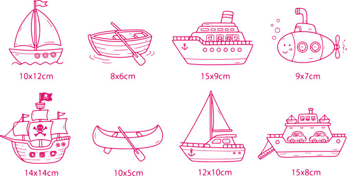 Collection of cartoon boats and ships including sailboat cruise ship pirate ship canoe rowboat and submarine for transport.