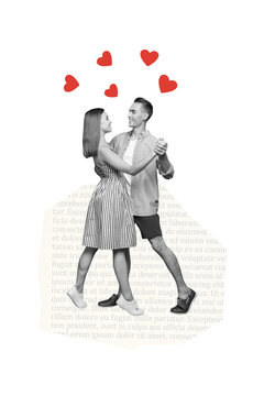 Vertical photo collage of two happy girl guy dance together valentine holiday wedding event celebration isolated on painted background