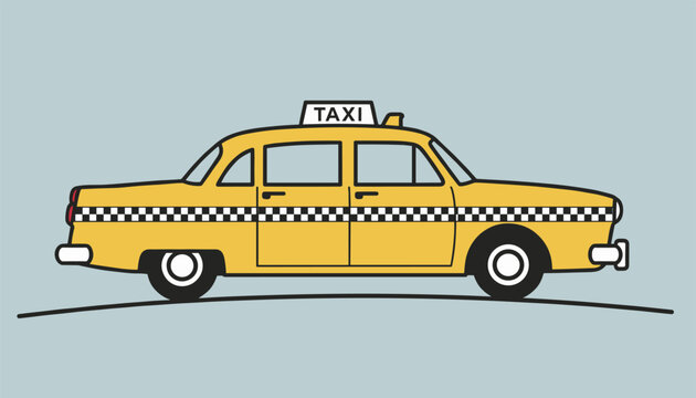 Classic yellow vintage taxi cab side view displaying the traditional black and white checker pattern on blue background.