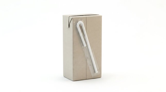 Small blank brown cardboard juice box with a plastic drinking straw attached to the side view. juice box mockup