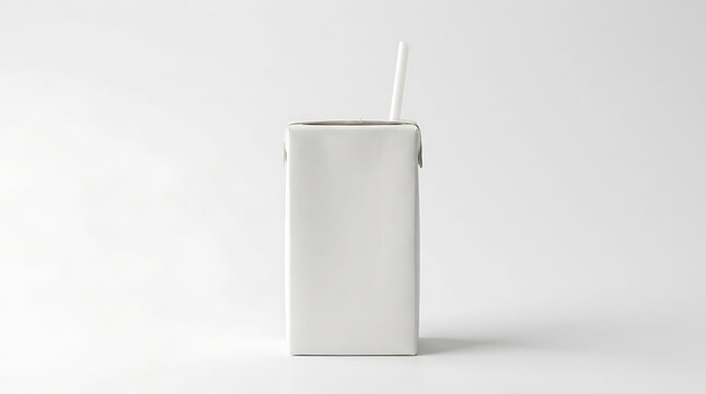 Blank white juice box carton mockup with a drinking straw standing upright for beverage branding. juice box mockup