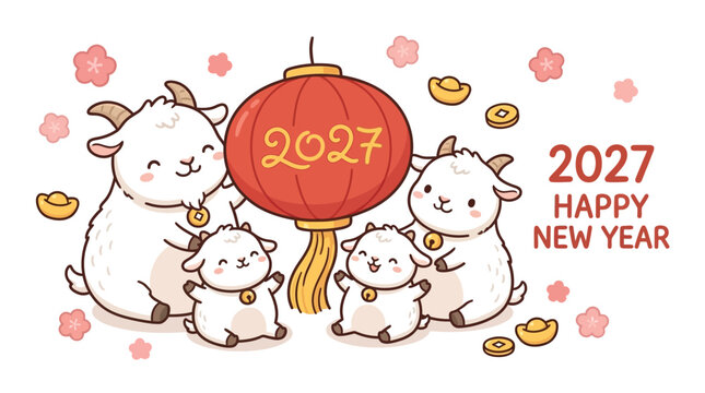 Chinese New Year 2027 Year of the Goat vector illustration, cute cartoon sheep family with red lantern and cherry blossoms, happy lunar new year greeting card with gold sycee elements