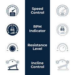 Fototapeta premium Exercise machine metrics and treadmill telemetry vector icon set featuring speed control gauge, RPM cadence indicator, resistance level dial, and incline control