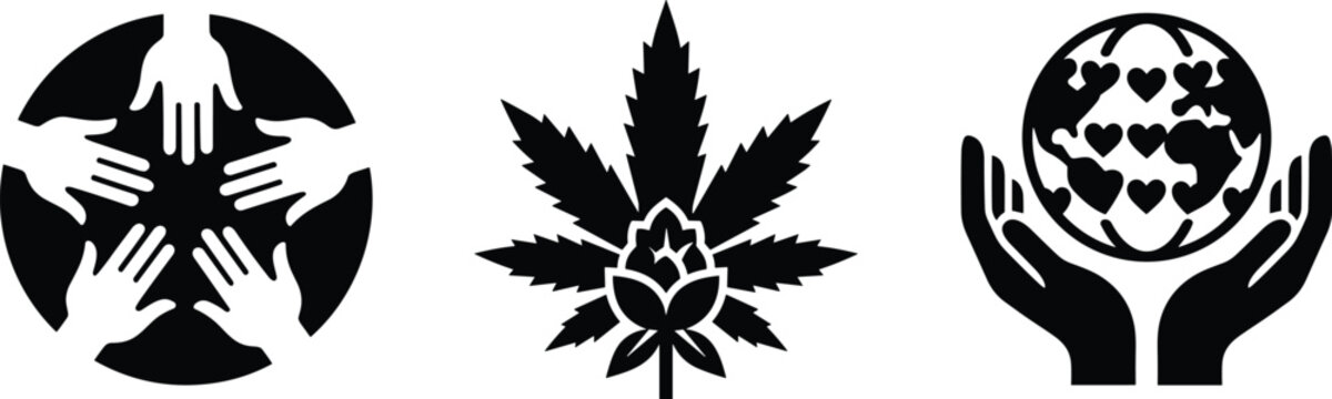 Set of black eco icons featuring unity hands cannabis leaf and world care symbol