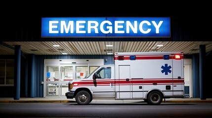 Fototapeta premium Ambulance vehicle parked outside hospital emergency room entrance at night with glowing blue sign