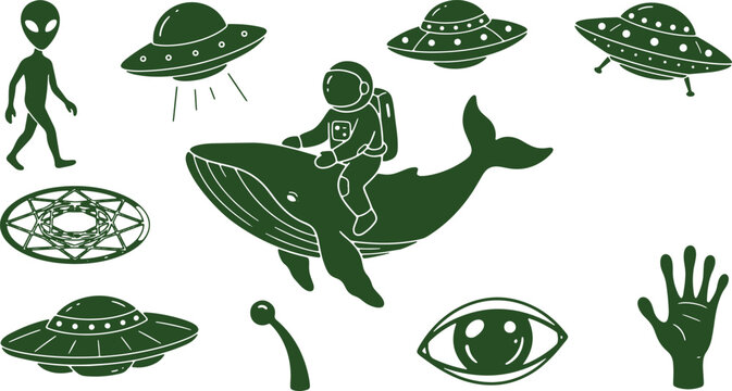 Astronaut riding whale, alien, ufo, eye, hand, in outer space.