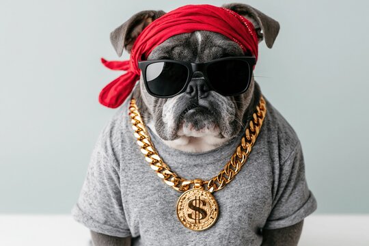 Cool Bulldog Dog Wearing Sunglasses and Gold Chain, Fashionable Pet Portrait