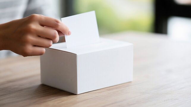 Hand placing blank ballot into white suggestion box on wooden table, promoting voting and feedback