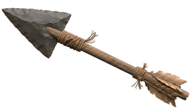 Ancient stone arrowhead with a wooden shaft and feathers