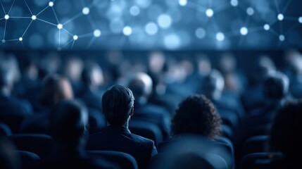 Fototapeta premium Diverse audience attending a technology conference with glowing network connections in the background