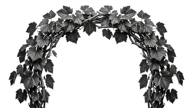 Black and white grapevine archway, decorative garden vine foliage frame, elegant monochrome grape leaf border for wedding invitations and floral design isolated PNG with Transparent Background