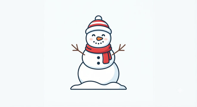 Cute Snowman with Red Scarf and Hat Vector Illustration