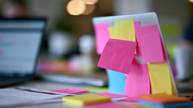 Colorful sticky notes cluttering laptop screen and desk for project planning and ideas