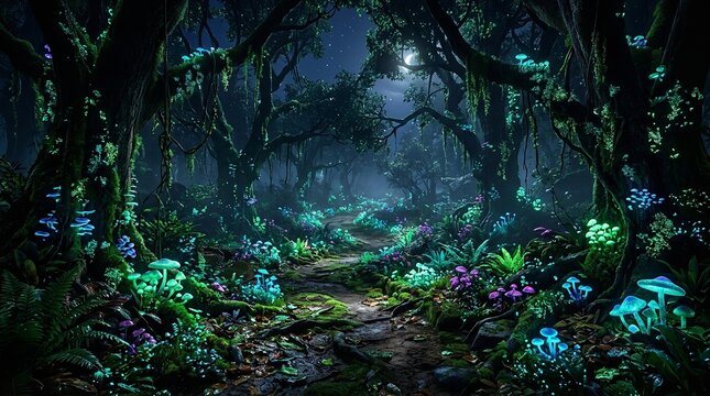 Enchanting forest path illuminated by glowing mushrooms and moonlight