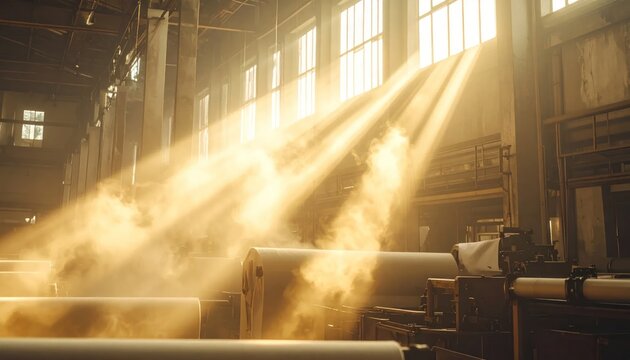 Sunbeams stream through a dusty, vintage factory interior, illuminating large rolls of material on industrial machinery.